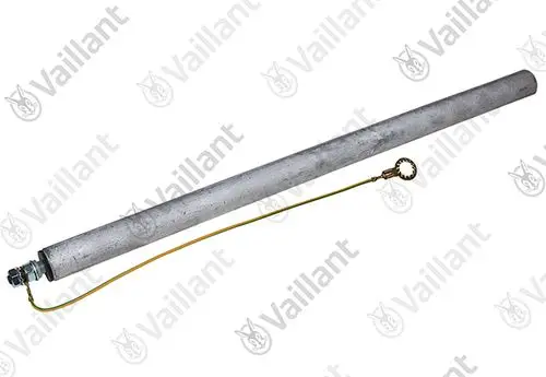 Vaillant Anode aus Metall mit Befestigungselement und Anschlusskabel. Sie dient dem Korrosionsschutz in Heizsystemen.